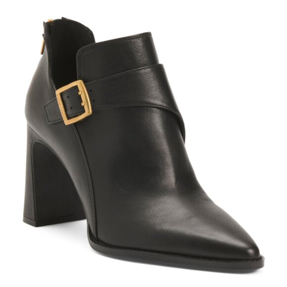 VINCE CAMUTO Leather Deninna Buckle Heeled Shooties